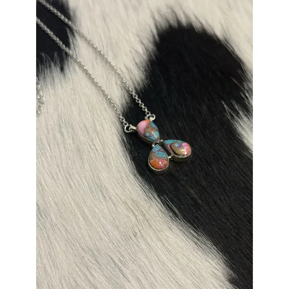 Southwest Sterling Silver 3 Stone Pink oyster Dahlia tear drop Bar Necklace